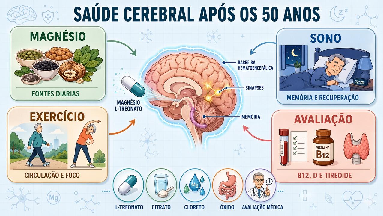Infográfico resume cérebro, magnésio, sono, exercício e avaliação clínica no envelhecimento.