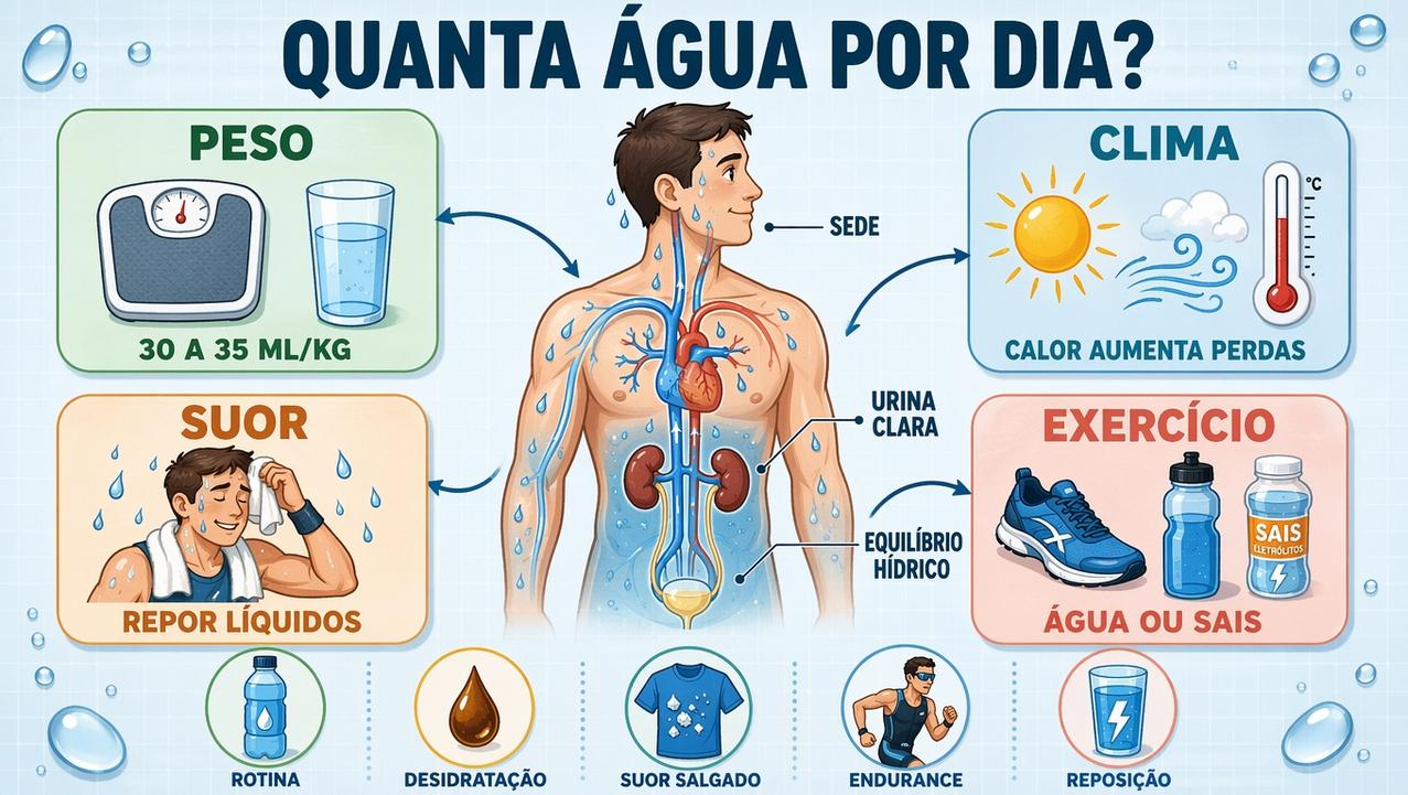 Peso, clima, suor e exercício orientam a hidratação adequada diária.