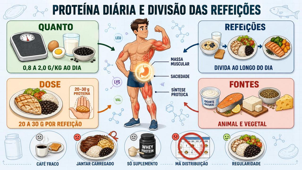 Infográfico resume quantidade diária, dose por refeição, fontes e distribuição proteica.