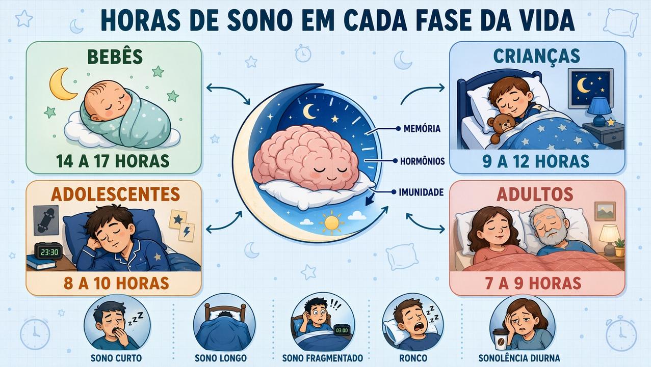 Infográfico resume horas ideais de sono e sinais de descanso insuficiente.
