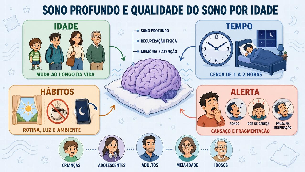 Infográfico mostra idade, tempo, hábitos e sinais de alerta do sono profundo.
