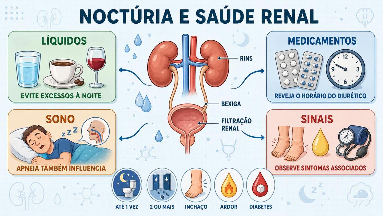 Infográfico mostra líquidos, medicamentos, sono e sinais ligados à noctúria.