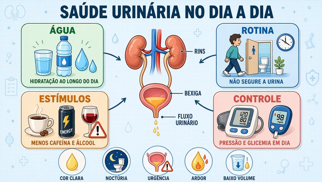 Hidratação, rotina, menos estímulos e controle metabólico protegem rins e bexiga.