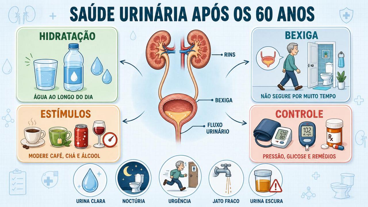 Hidratação, bexiga, estímulos e controle metabólico sustentam a saúde urinária.