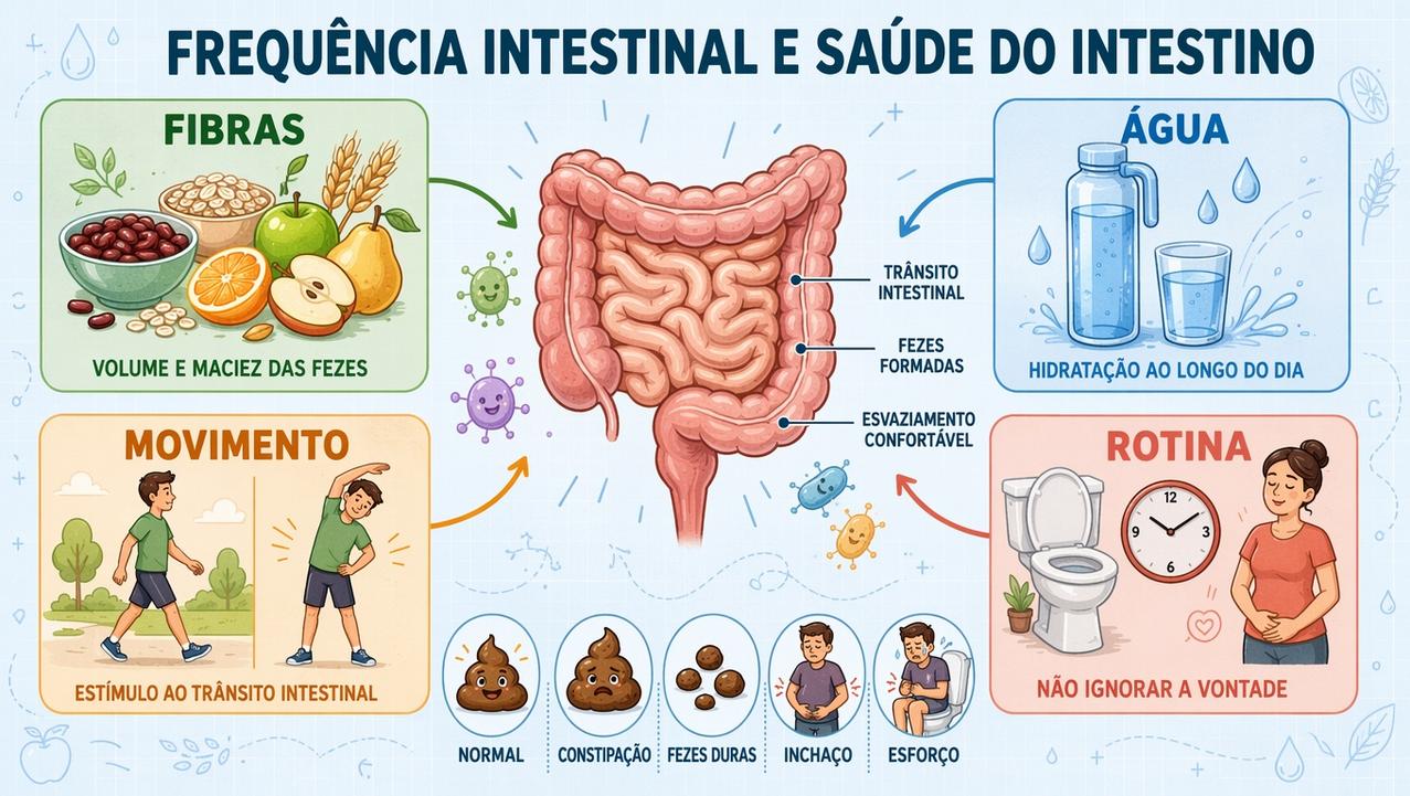 Quatro pilares do intestino saudável: fibras, água, movimento e rotina.