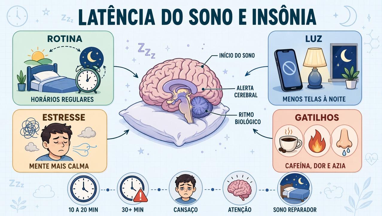 Rotina, luz, estresse e gatilhos físicos influenciam a latência do sono.