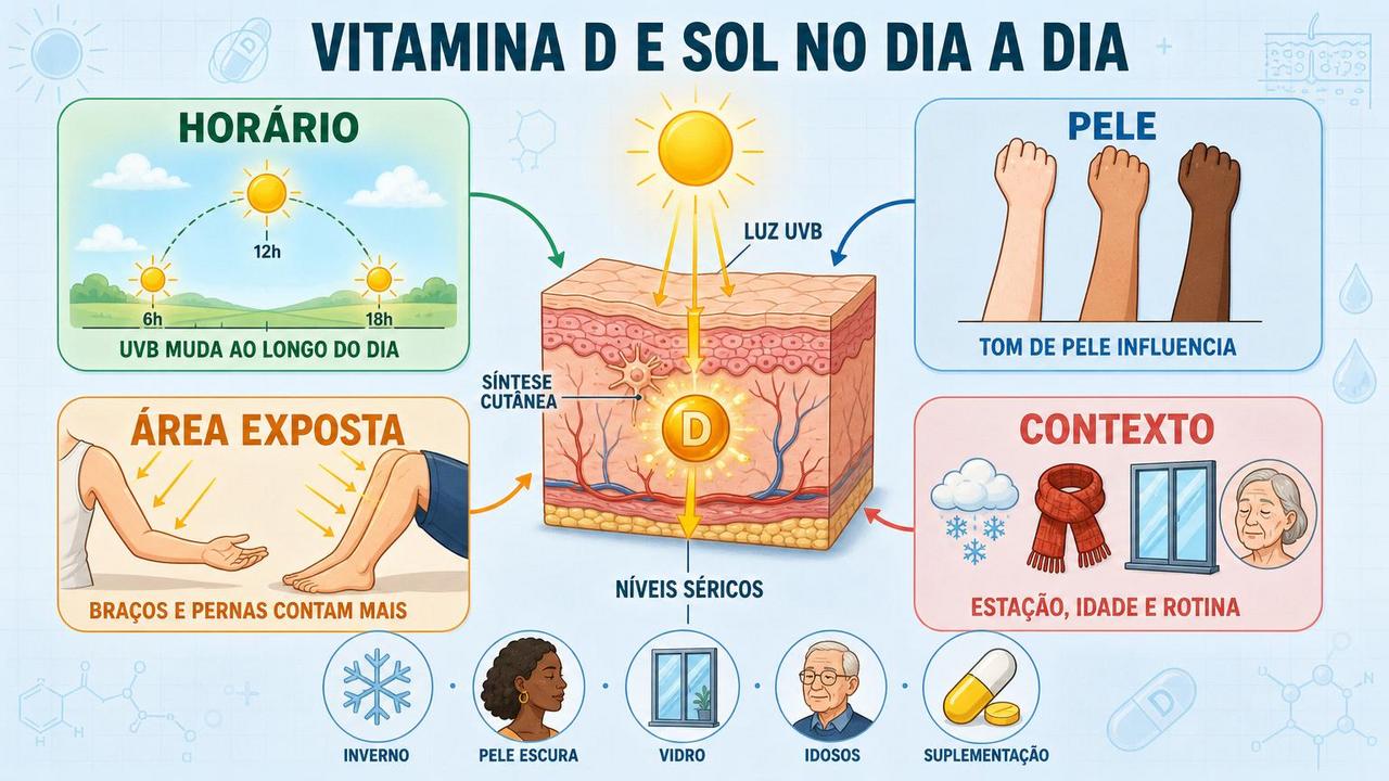 Horário, pele, área exposta e contexto definem a síntese cutânea de vitamina D.