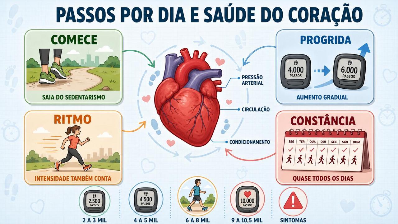 Infográfico mostra progressão, ritmo, constância e menos sedentarismo para o coração.