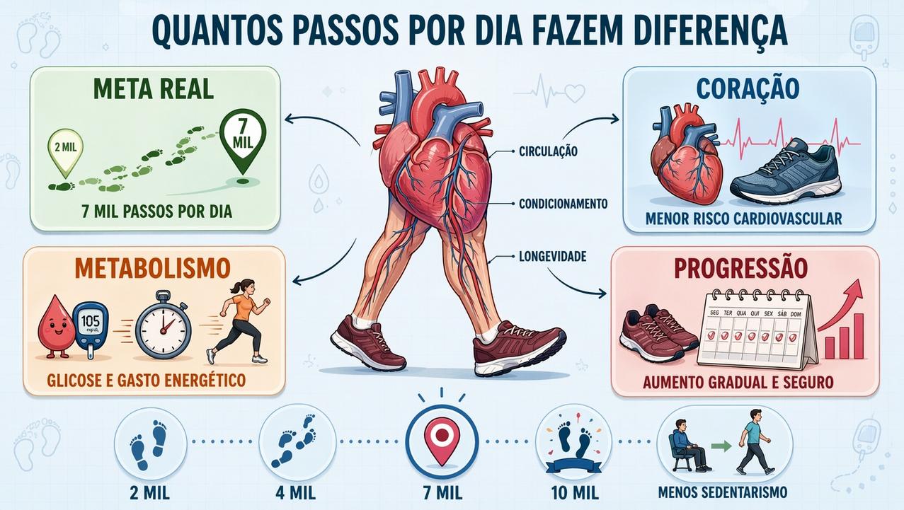 Infográfico mostra meta plausível, benefícios cardiovasculares, metabolismo e progressão segura dos passos.
