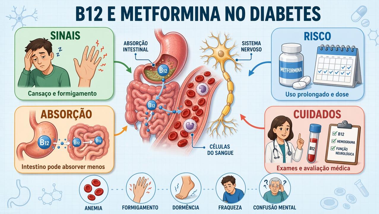 Infográfico resume sinais, risco, absorção intestinal e cuidados com a vitamina B12.