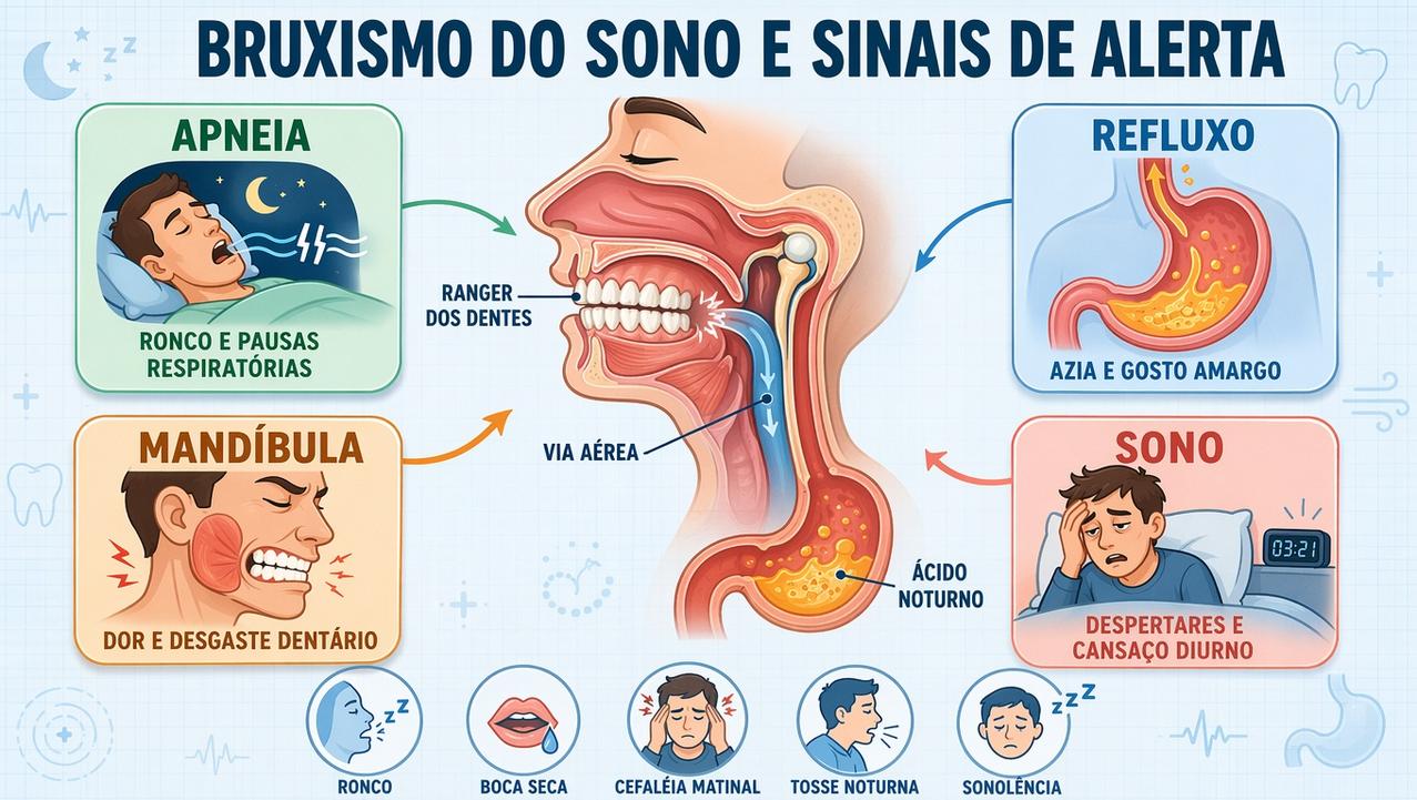 Infográfico reúne os principais sinais associados ao bruxismo, apneia e refluxo noturno.