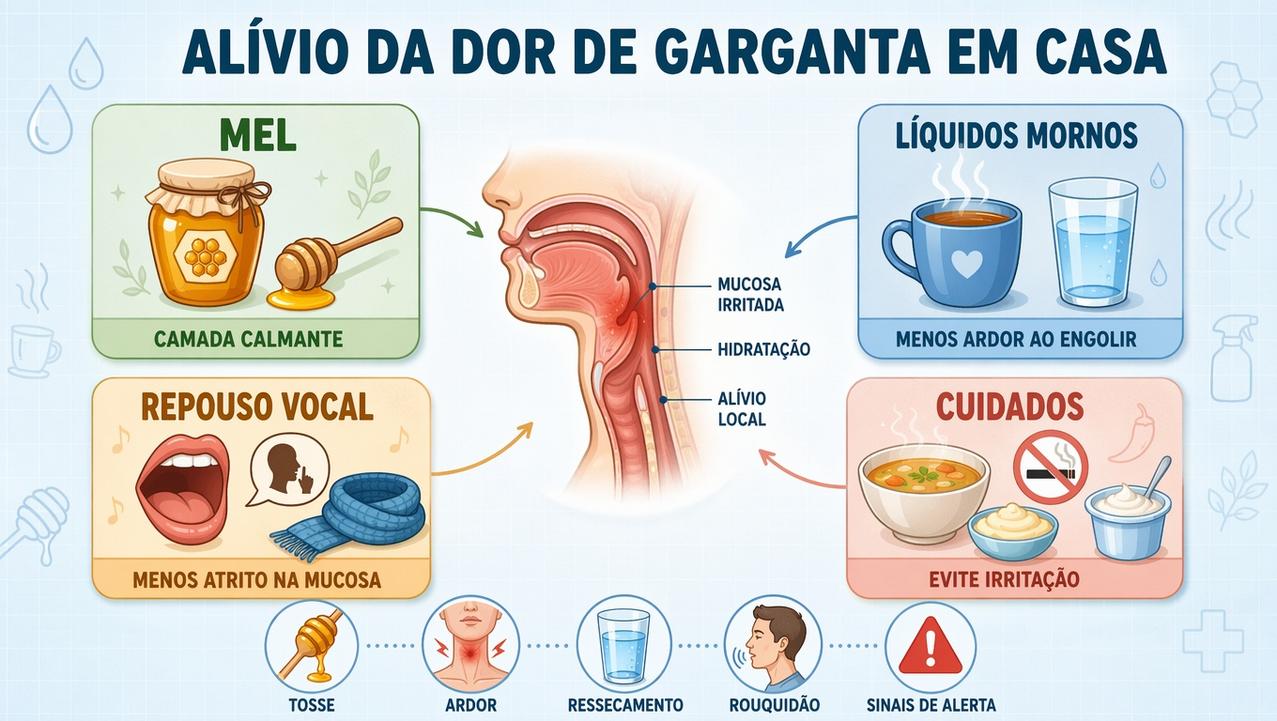 Infográfico mostra quatro pilares caseiros para aliviar garganta inflamada em casa.