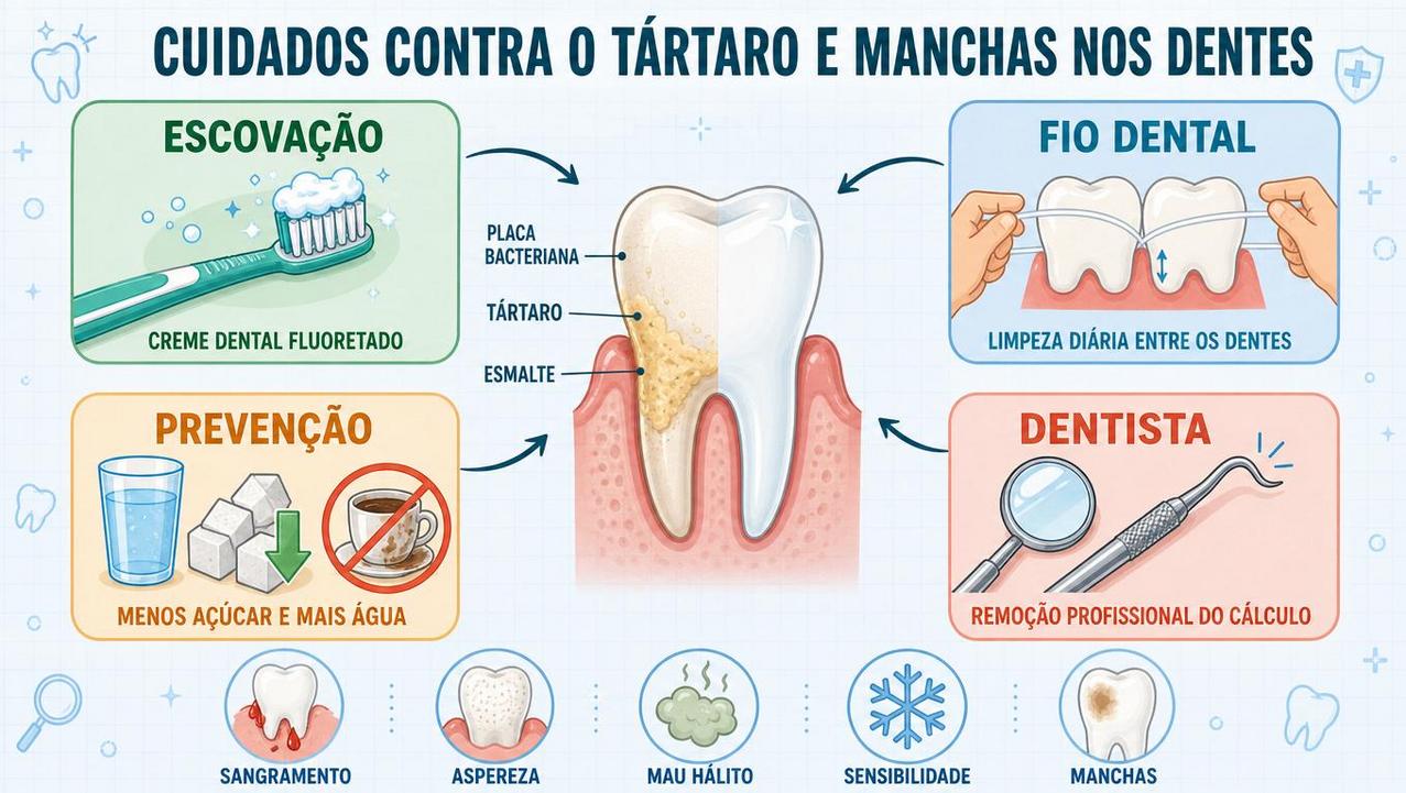 Escovação, fio dental, prevenção e dentista formam os pilares contra tártaro.