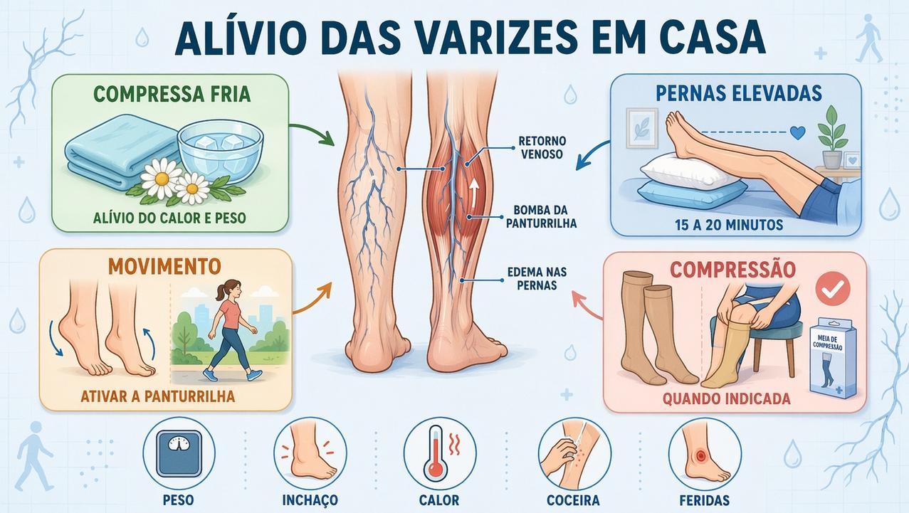 Quatro pilares práticos para aliviar varizes, edema e desconforto venoso em casa.