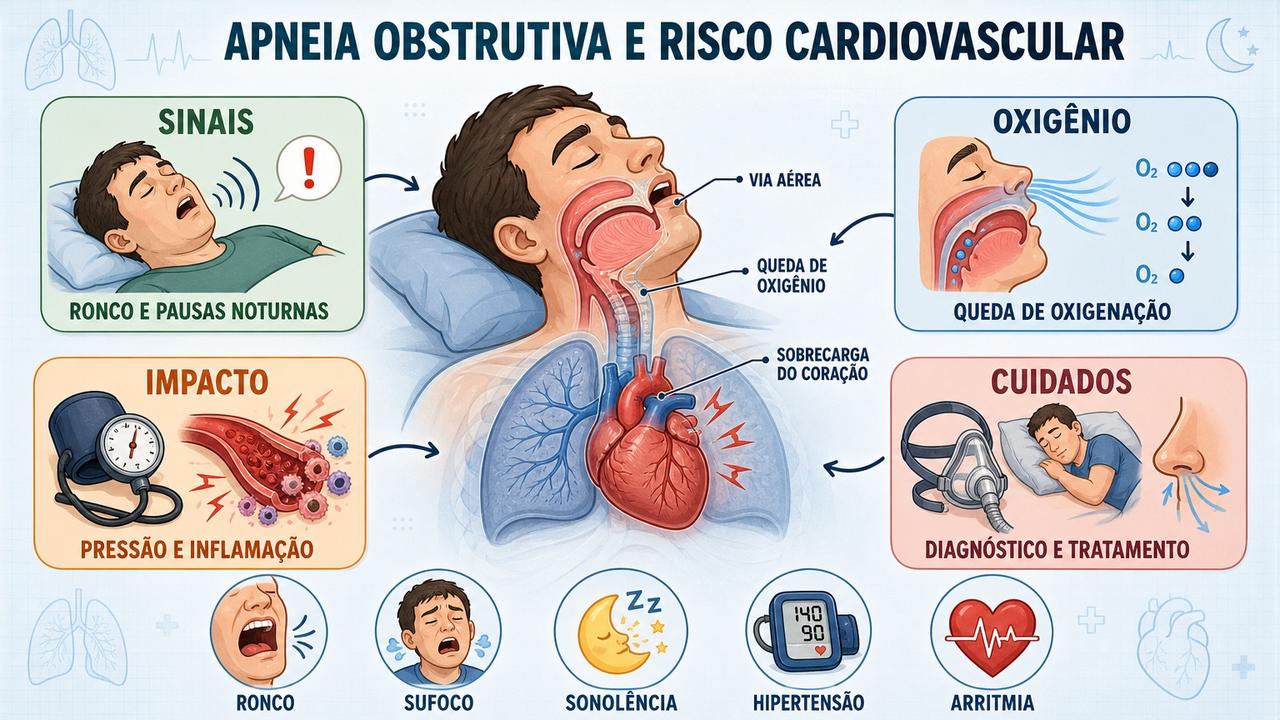 Infográfico resume sinais, oxigenação, impacto cardiovascular e cuidados na apneia obstrutiva.