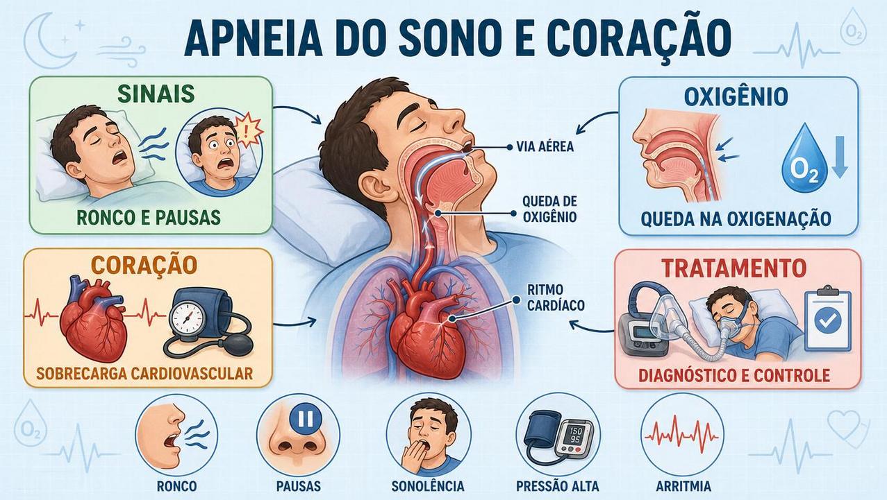 Infográfico resume sinais, queda de oxigênio, impacto cardíaco e tratamento da apneia.