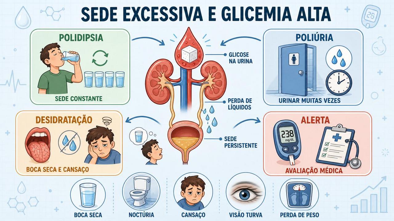Infográfico mostra sinais, mecanismo e alertas da sede ligada à glicemia.