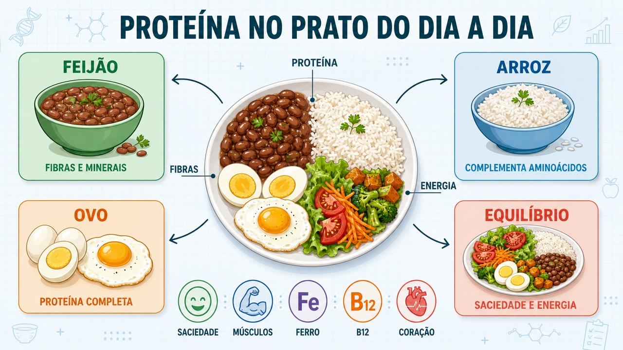 Os quatro pilares do prato: feijão, arroz, ovo e equilíbrio nutricional.