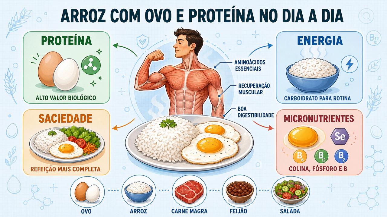 Proteína, energia, saciedade e micronutrientes explicam a força do arroz com ovo.