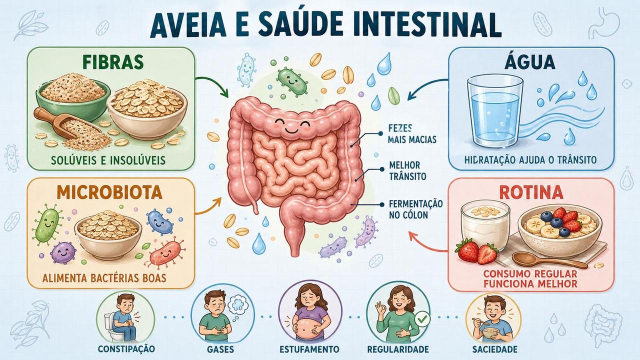 Fibras, água, microbiota e rotina explicam os benefícios intestinais da aveia.