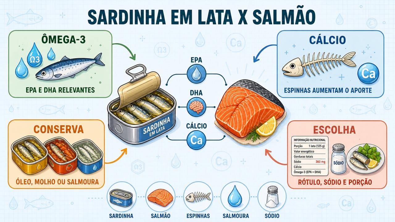 Infográfico resume ômega-3, cálcio, tipo de conserva e leitura do rótulo.