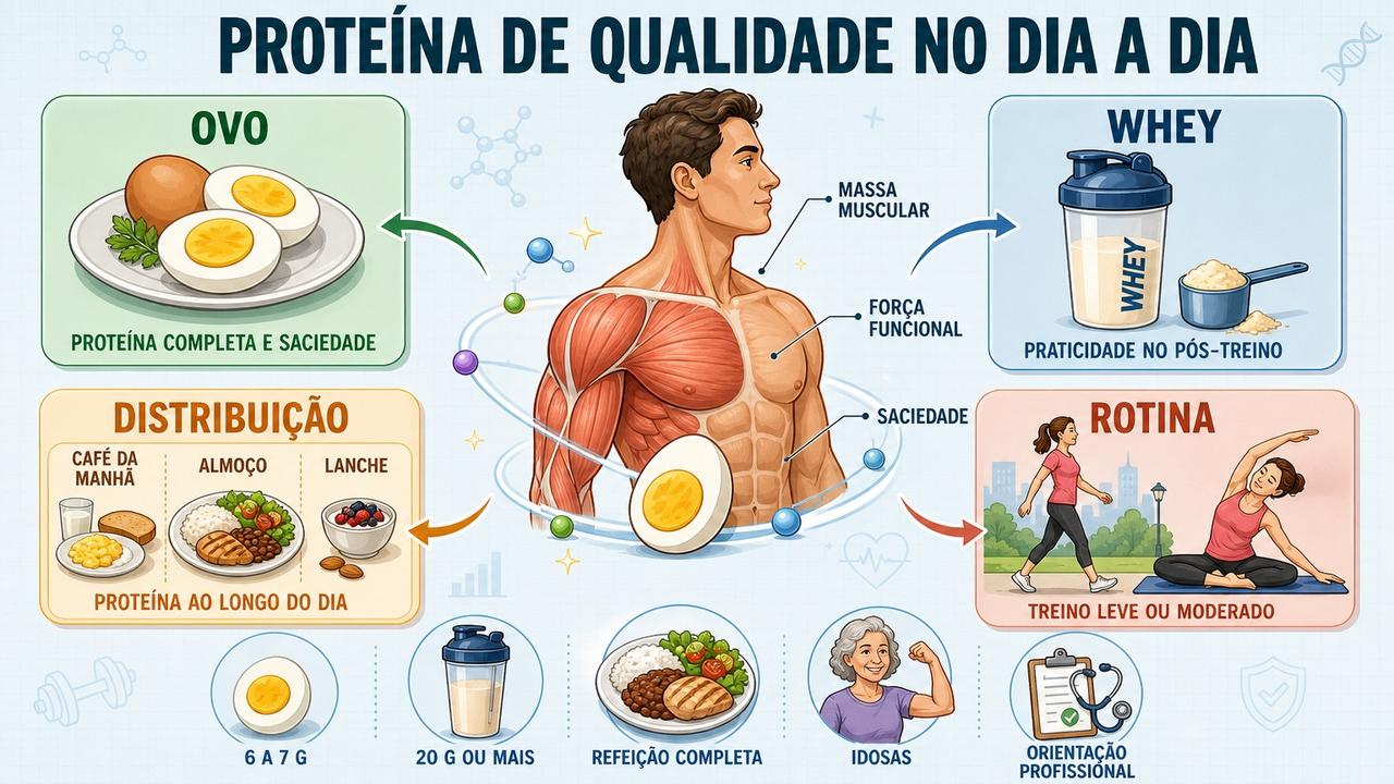 Infográfico resume proteína, saciedade, praticidade e distribuição nas refeições do dia.