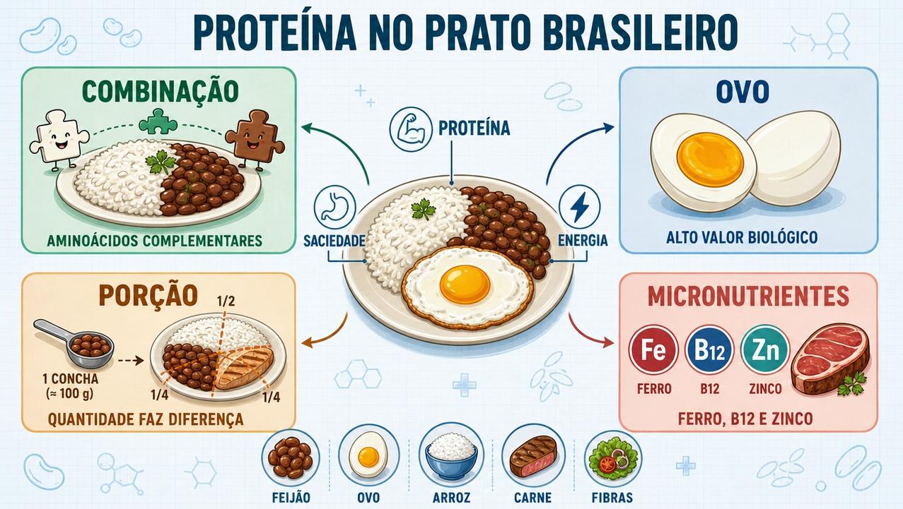 Infográfico resume proteína, porção, ovo e micronutrientes no prato brasileiro.