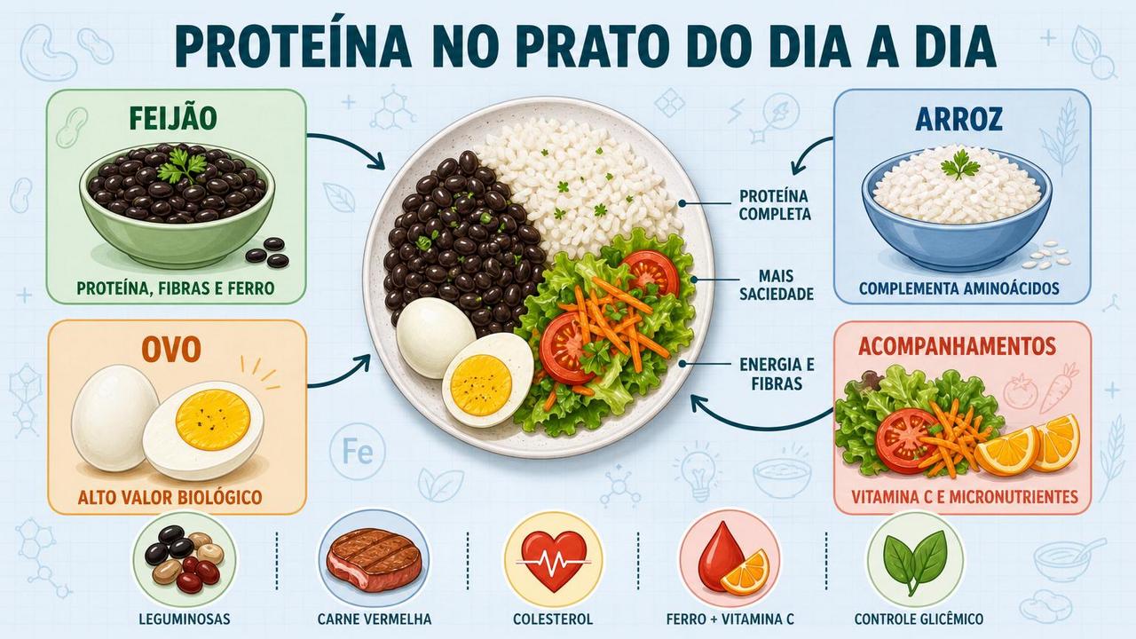 Os quatro pilares do prato: feijão, arroz, ovo e acompanhamentos vegetais.