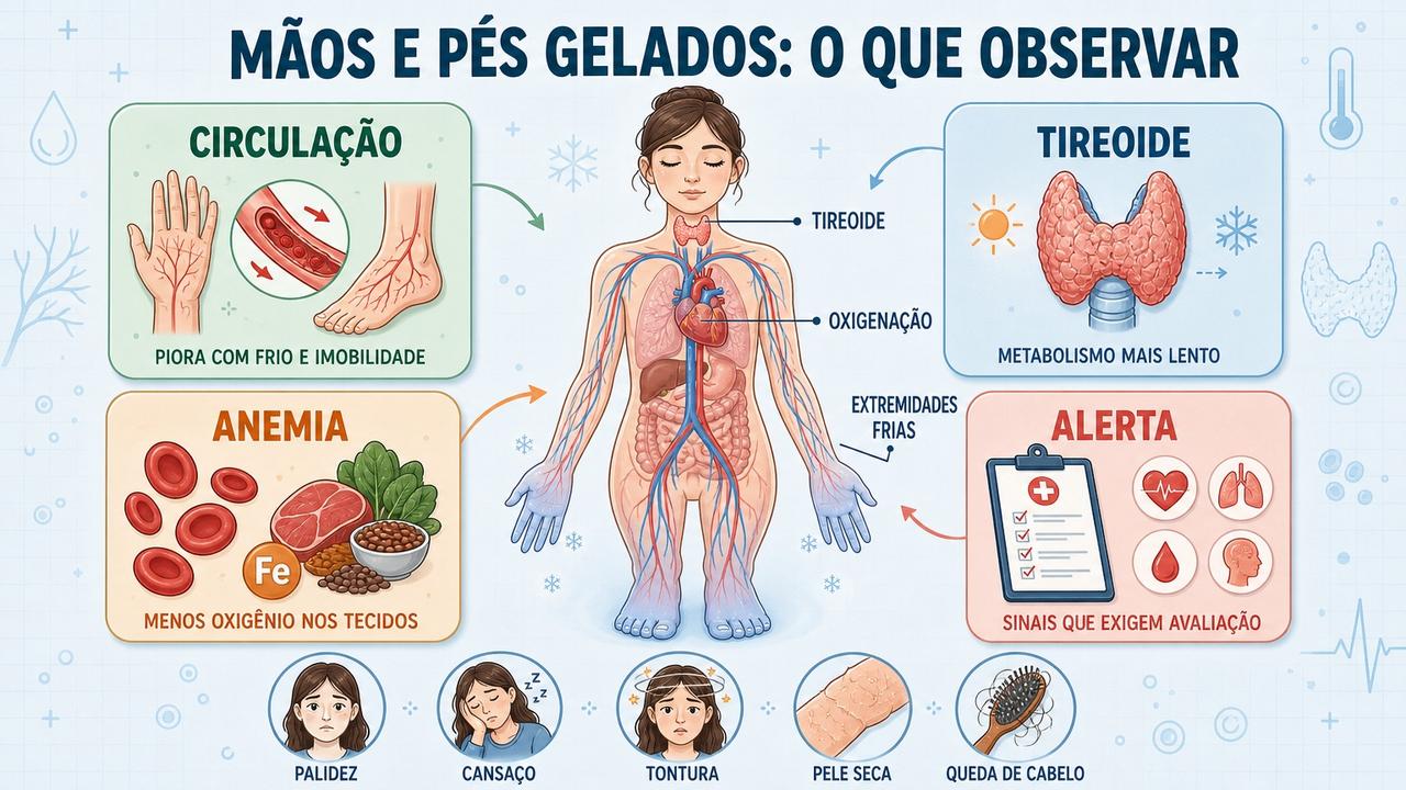 Circulação, tireoide, anemia e sinais de alerta explicam o frio periférico.