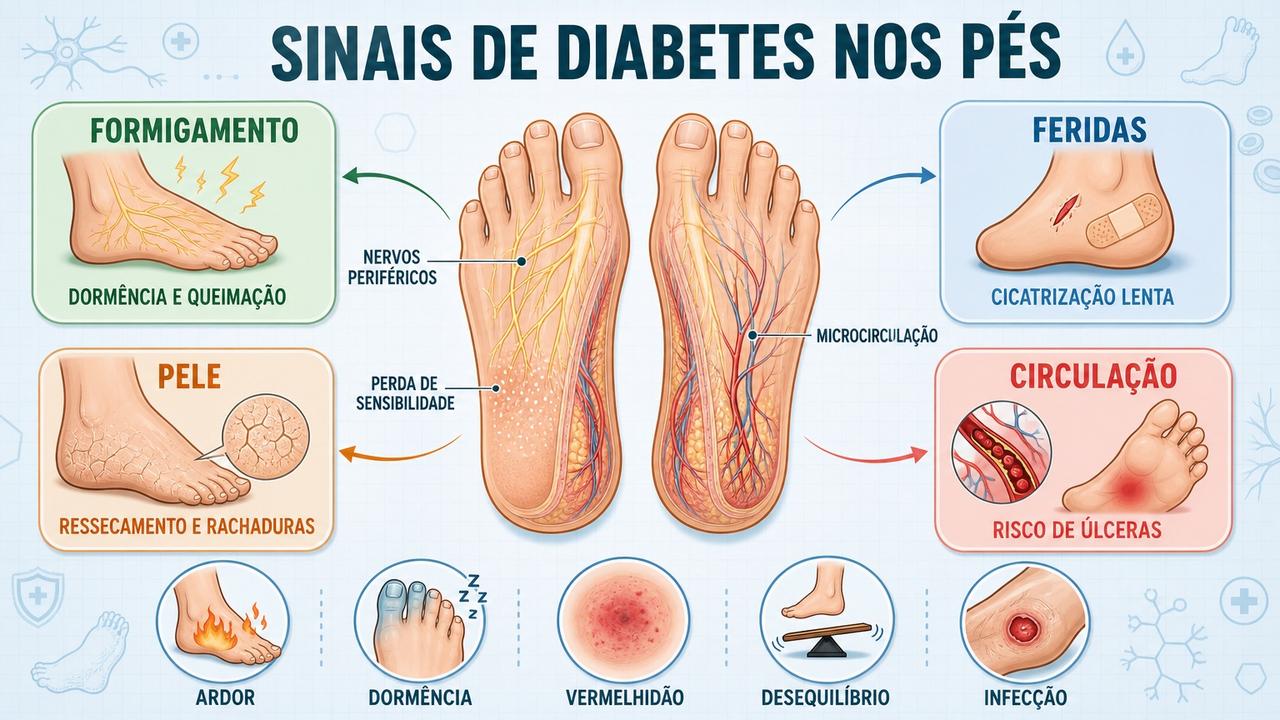Os principais sinais nos pés incluem neuropatia, feridas, pele seca e má circulação.