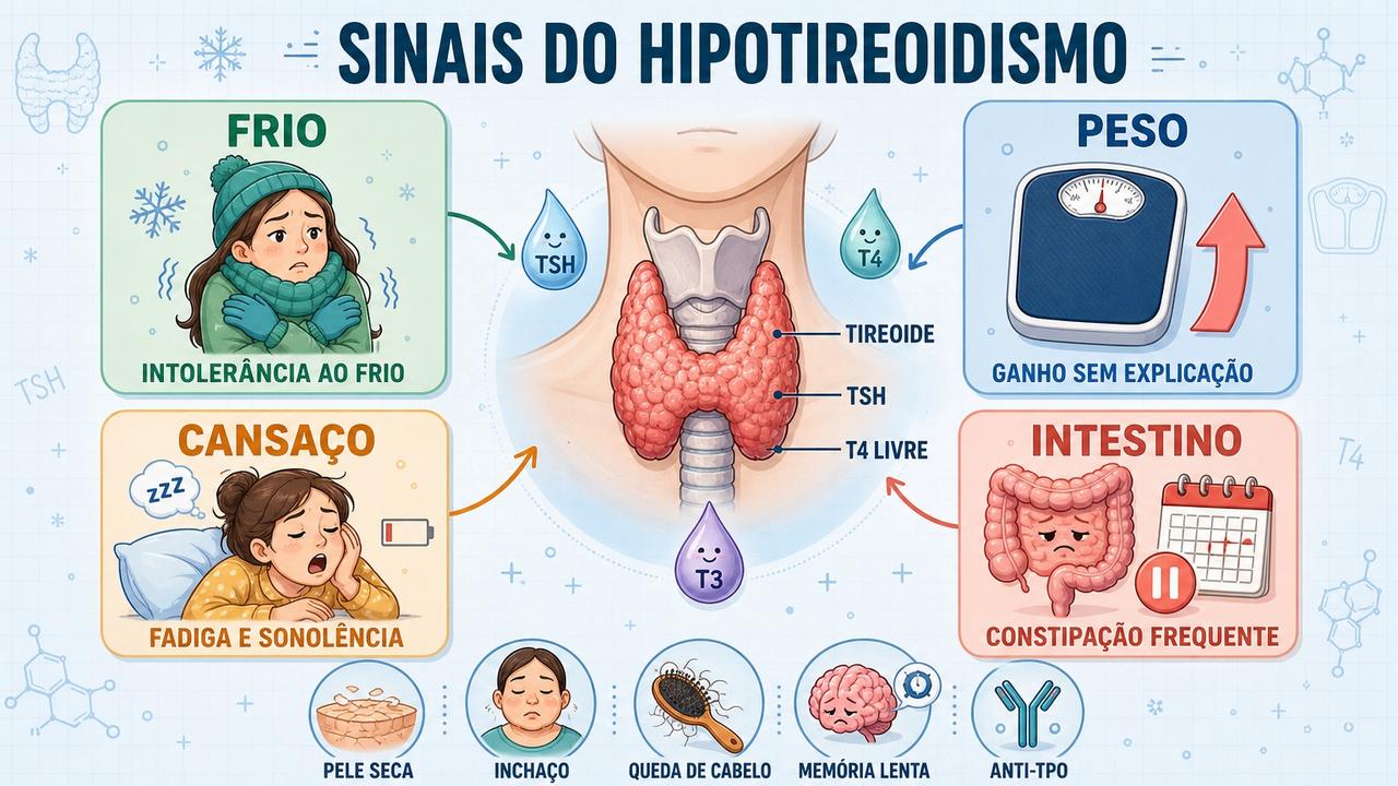 Infográfico resume sinais iniciais e exames ligados ao hipotireoidismo.