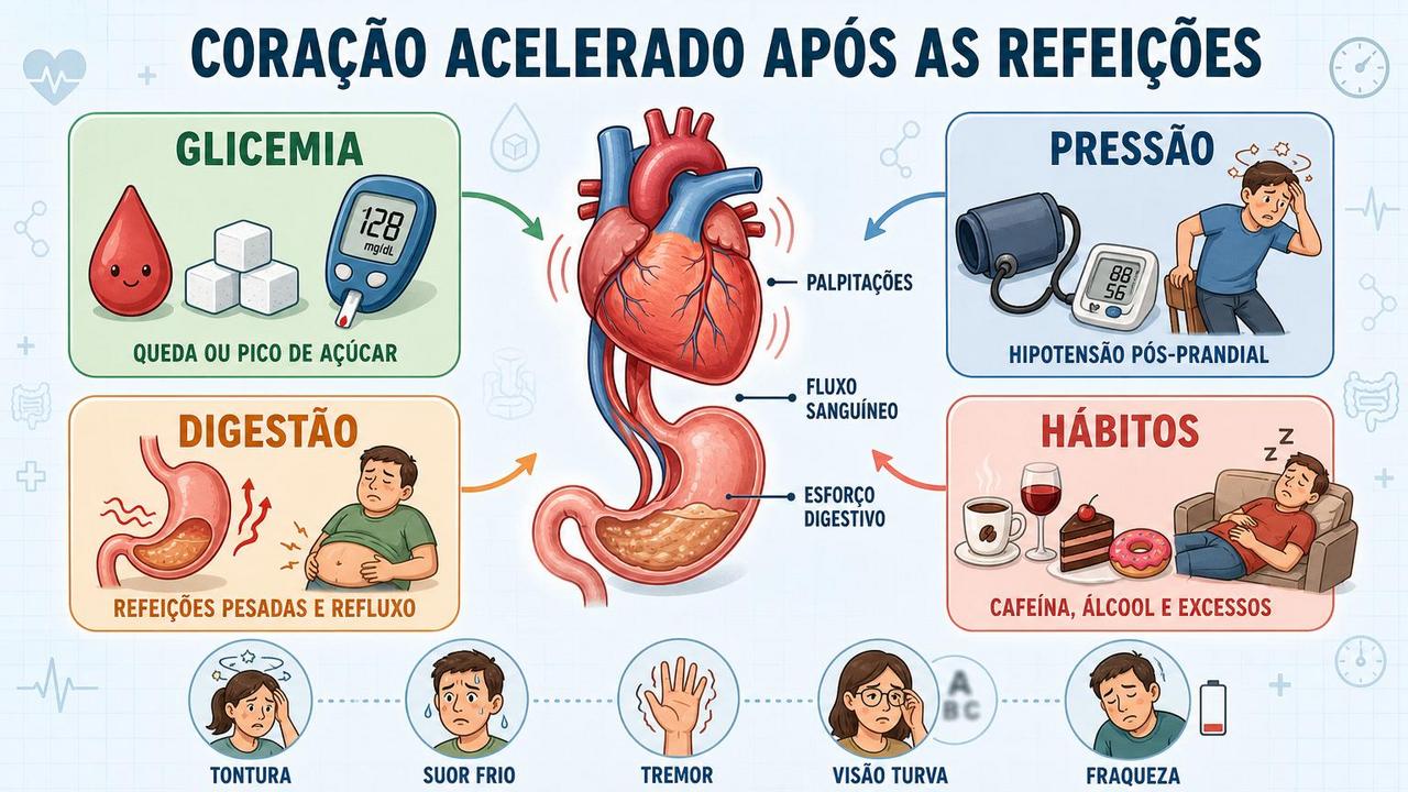 Infográfico resume glicemia, pressão, digestão e hábitos ligados ao coração acelerado.