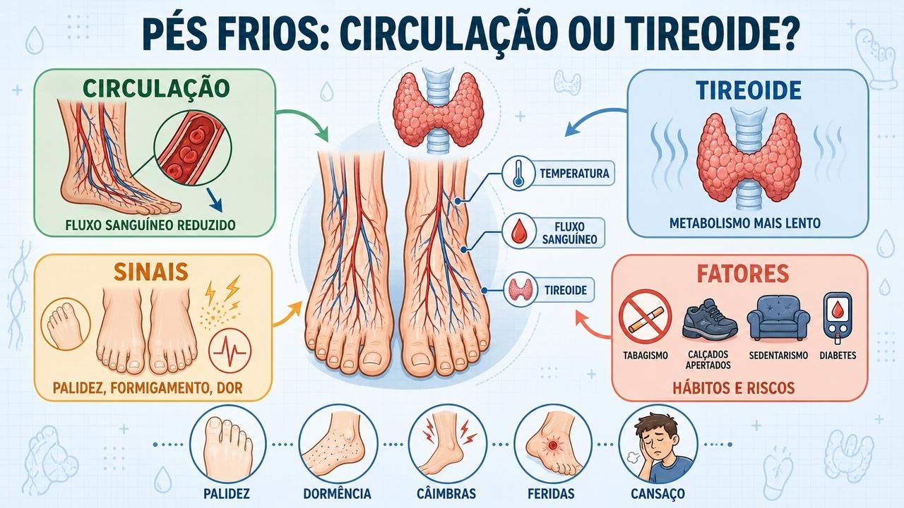 Infográfico resume sinais, causas e diferenças entre circulação ruim e hipotireoidismo.
