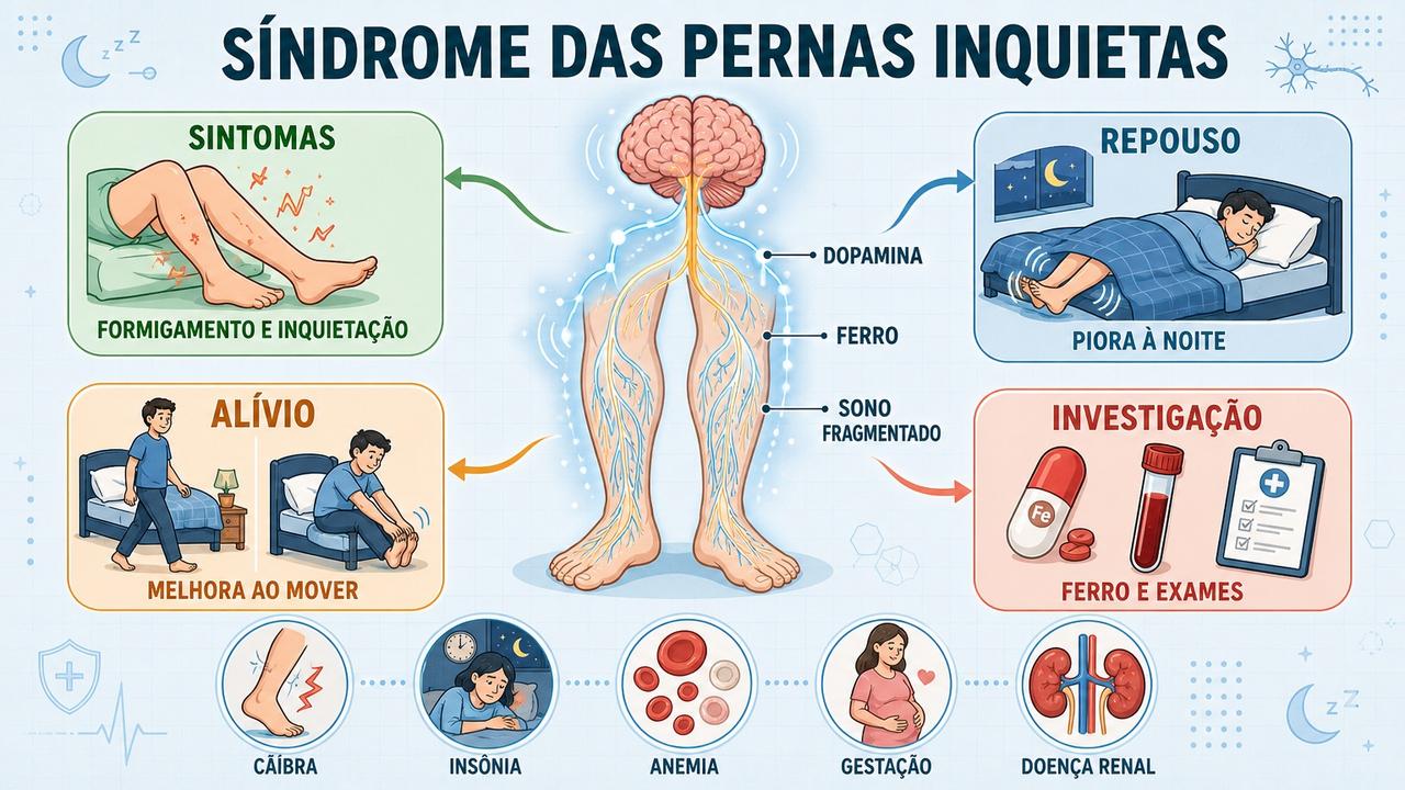 Infográfico resume sintomas, repouso, alívio com movimento e investigação do ferro.