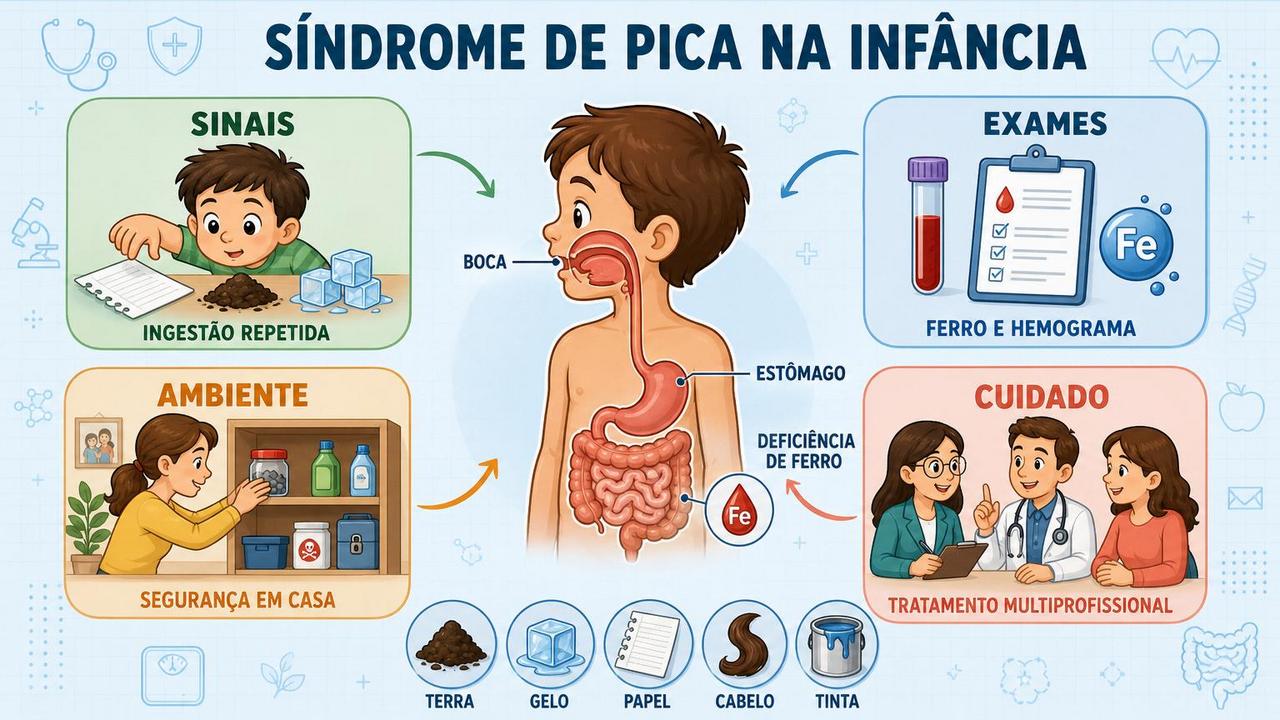 Infográfico resume sinais, exames, segurança ambiental e tratamento da síndrome de pica.