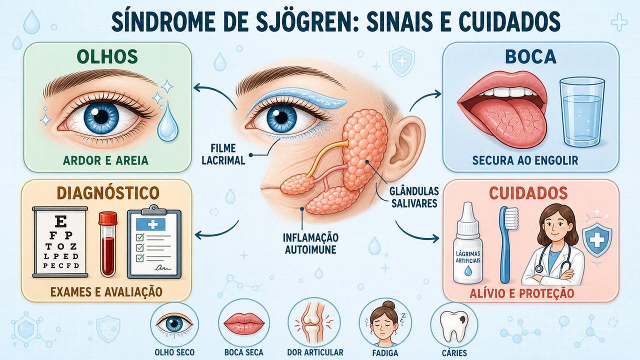 Infográfico resume sinais, diagnóstico e cuidados da síndrome de Sjögren.