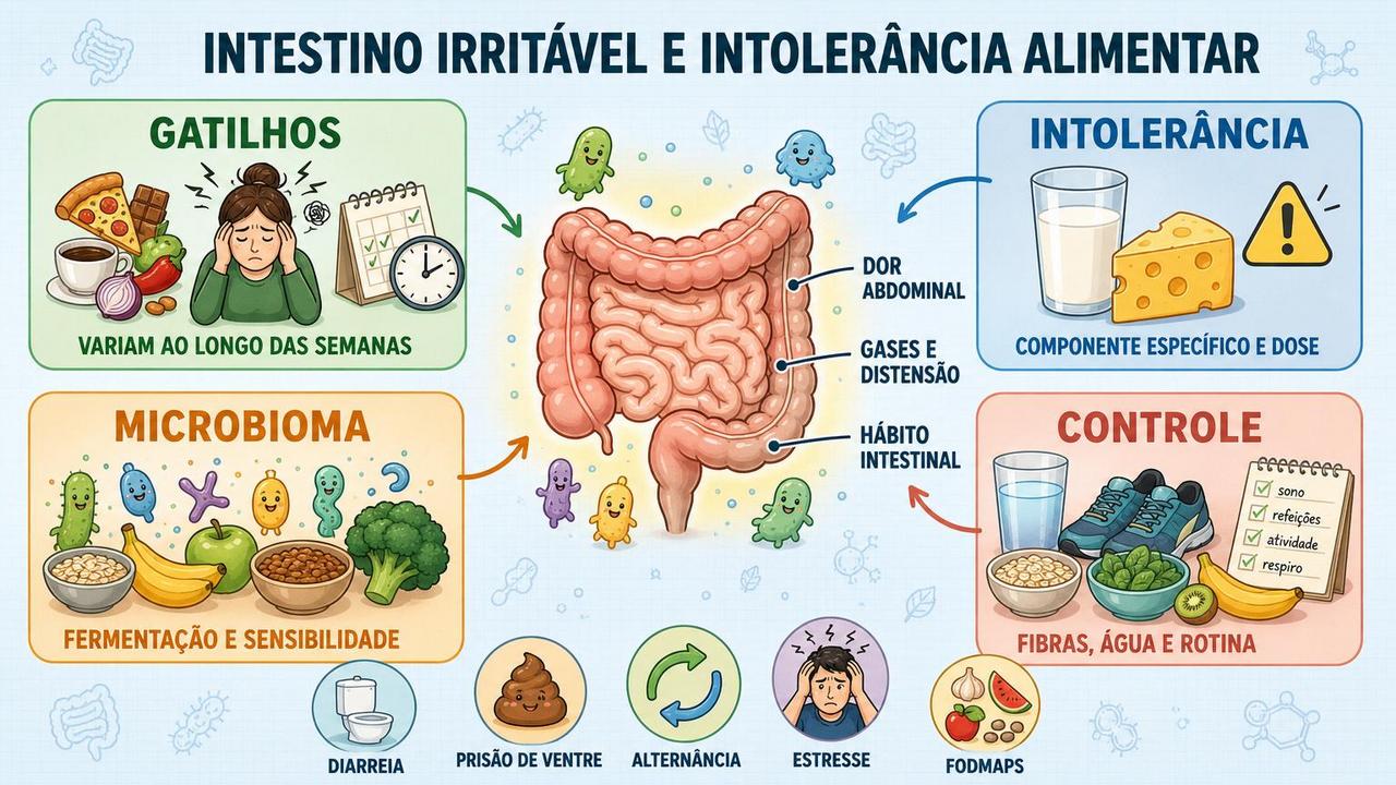 Infográfico resume gatilhos, microbioma, intolerância específica e estratégias para controlar sintomas.