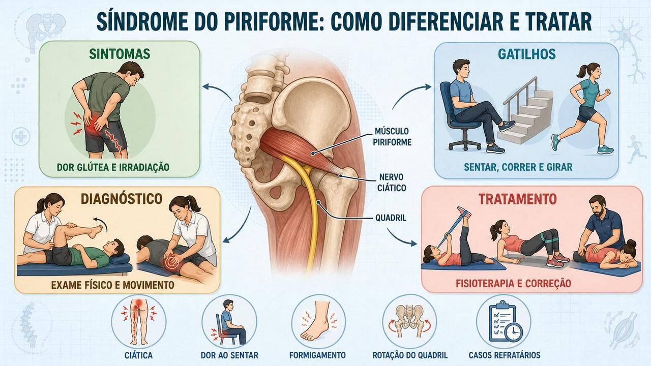 Infográfico resume sintomas, gatilhos, diagnóstico e tratamento da síndrome do piriforme.