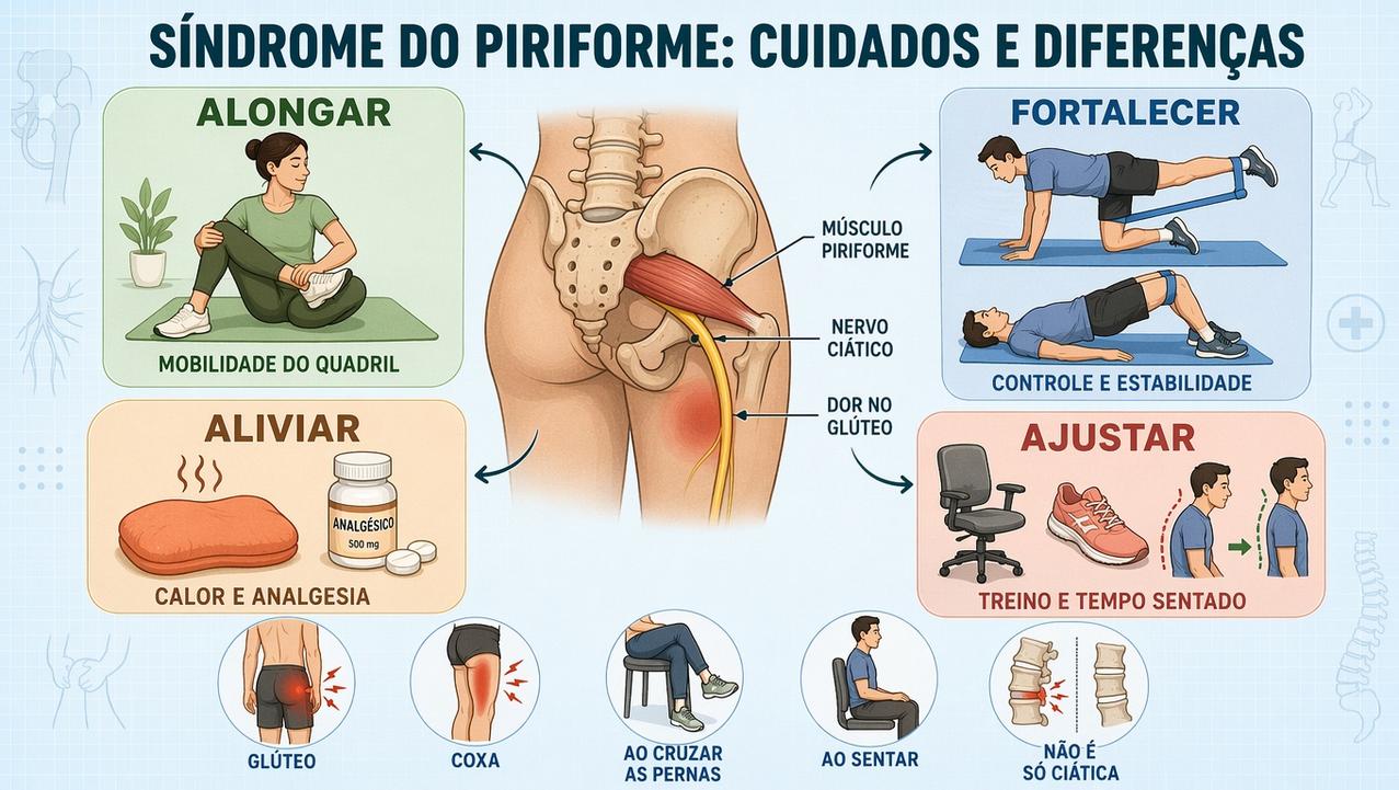 Alongamento, fortalecimento, analgesia e ajustes posturais orientam o cuidado inicial.