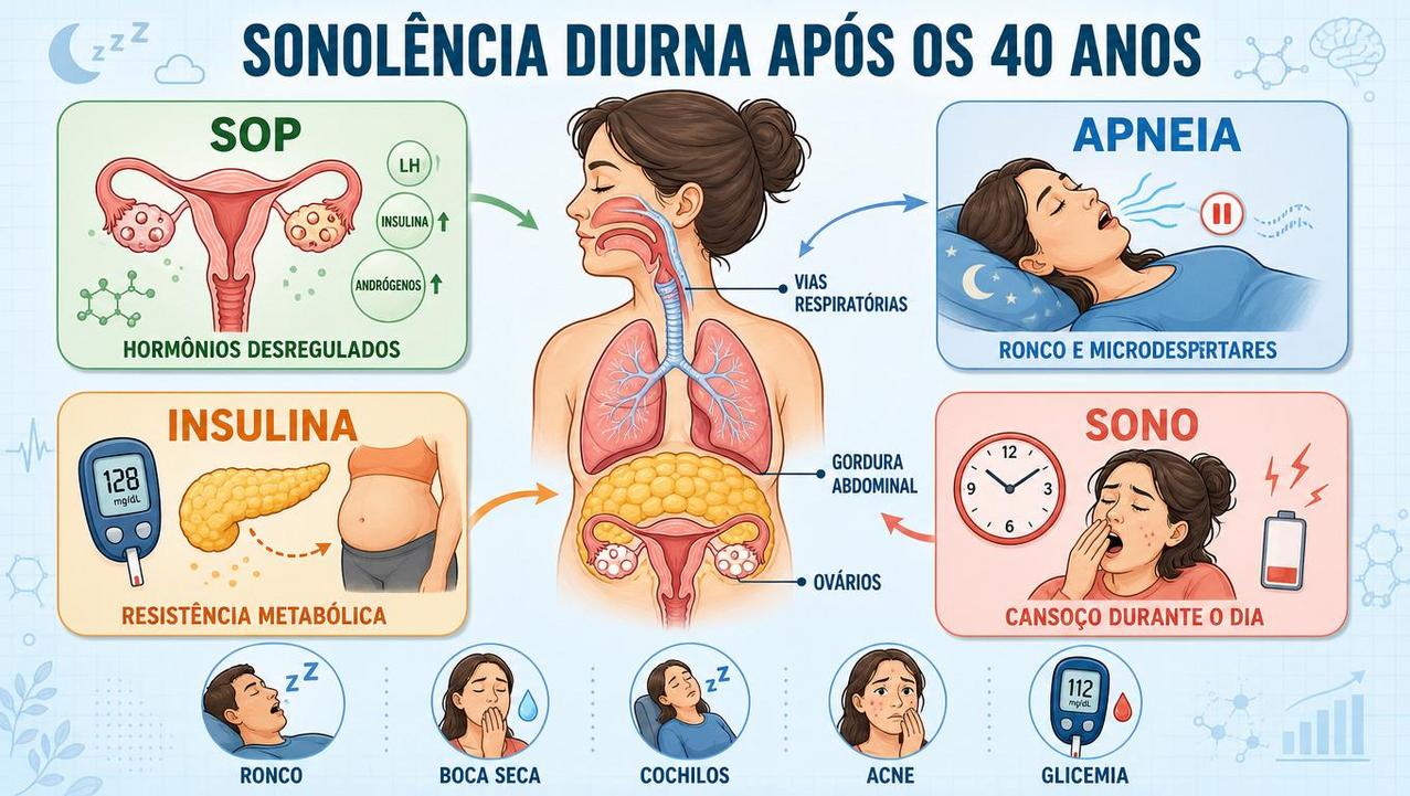 Infográfico resume SOP, apneia, insulina e sinais ligados à sonolência.