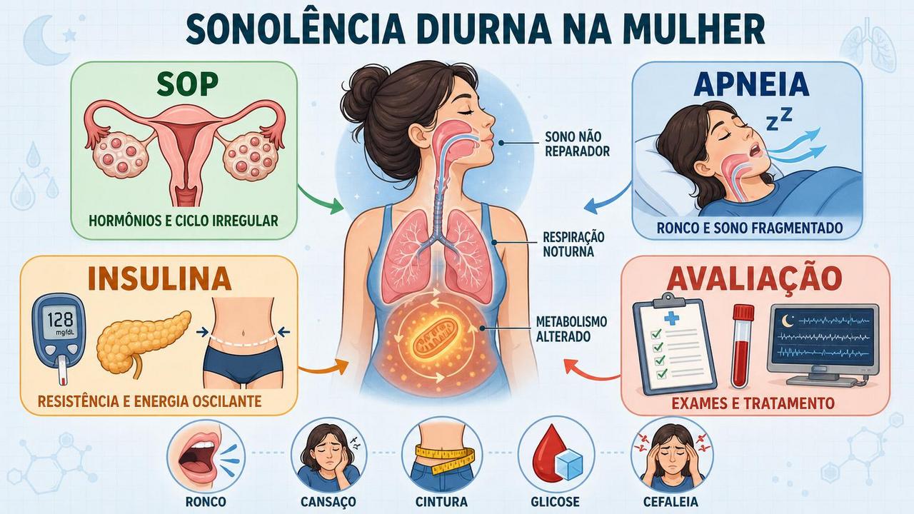 Infográfico resume os pilares entre SOP, apneia, insulina e avaliação clínica.
