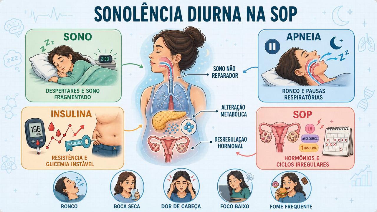 Infográfico resume sono, apneia, insulina e SOP no excesso de sono.