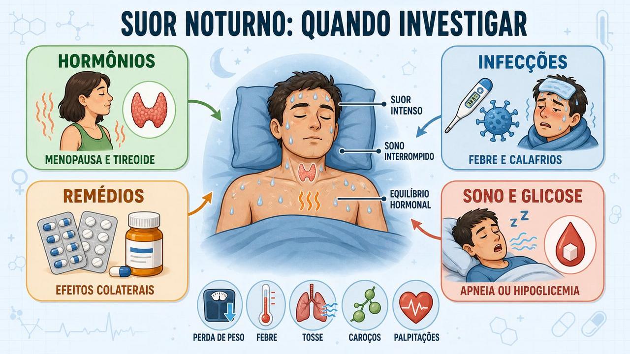 Infográfico resume causas comuns e sinais de alerta do suor noturno.