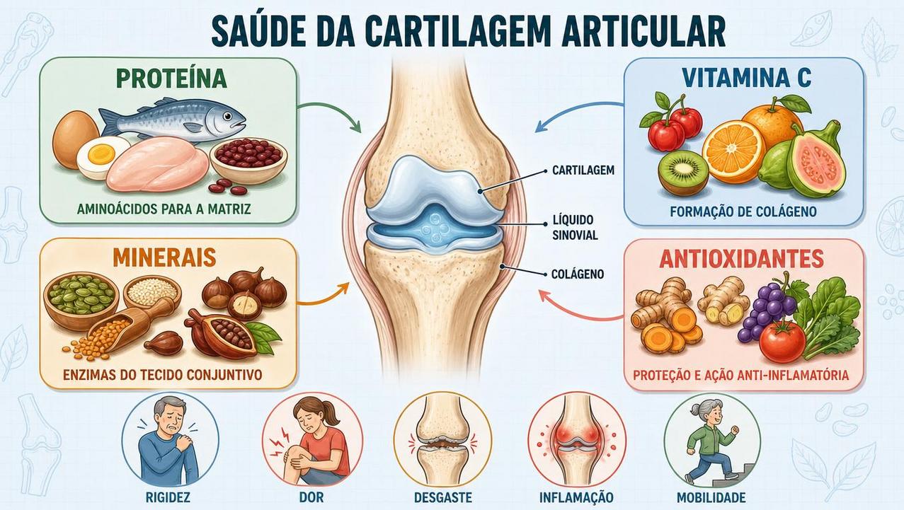Proteína, vitamina C, minerais e antioxidantes formam pilares da cartilagem.