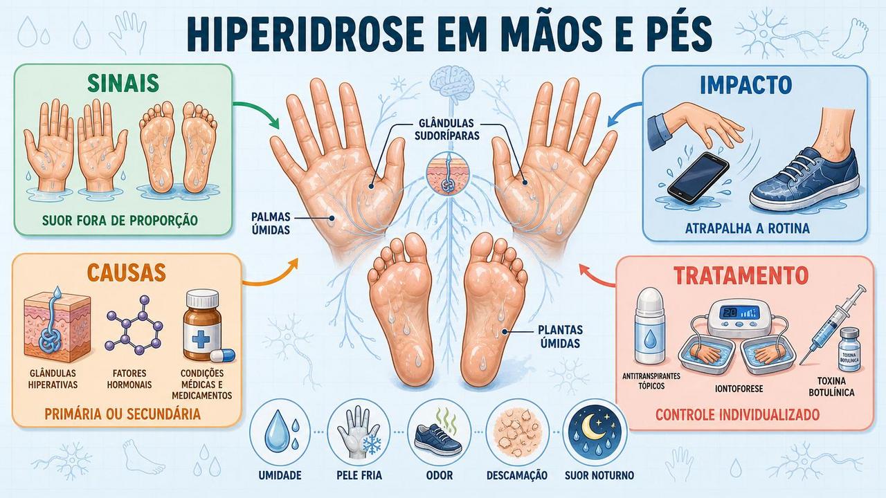 Infográfico resume sinais, impacto, causas e tratamento da hiperidrose palmar e plantar.
