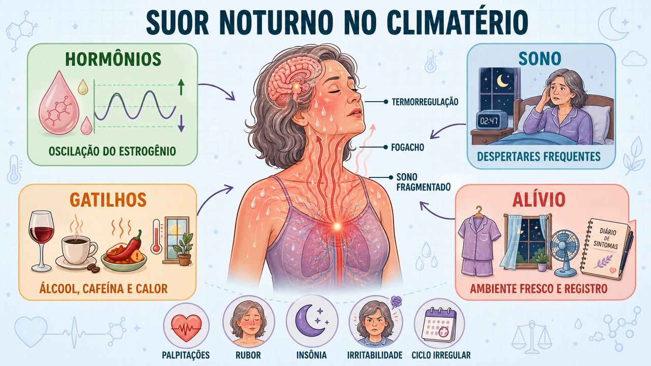 Infográfico resume hormônios, sono, gatilhos e alívio do suor noturno.