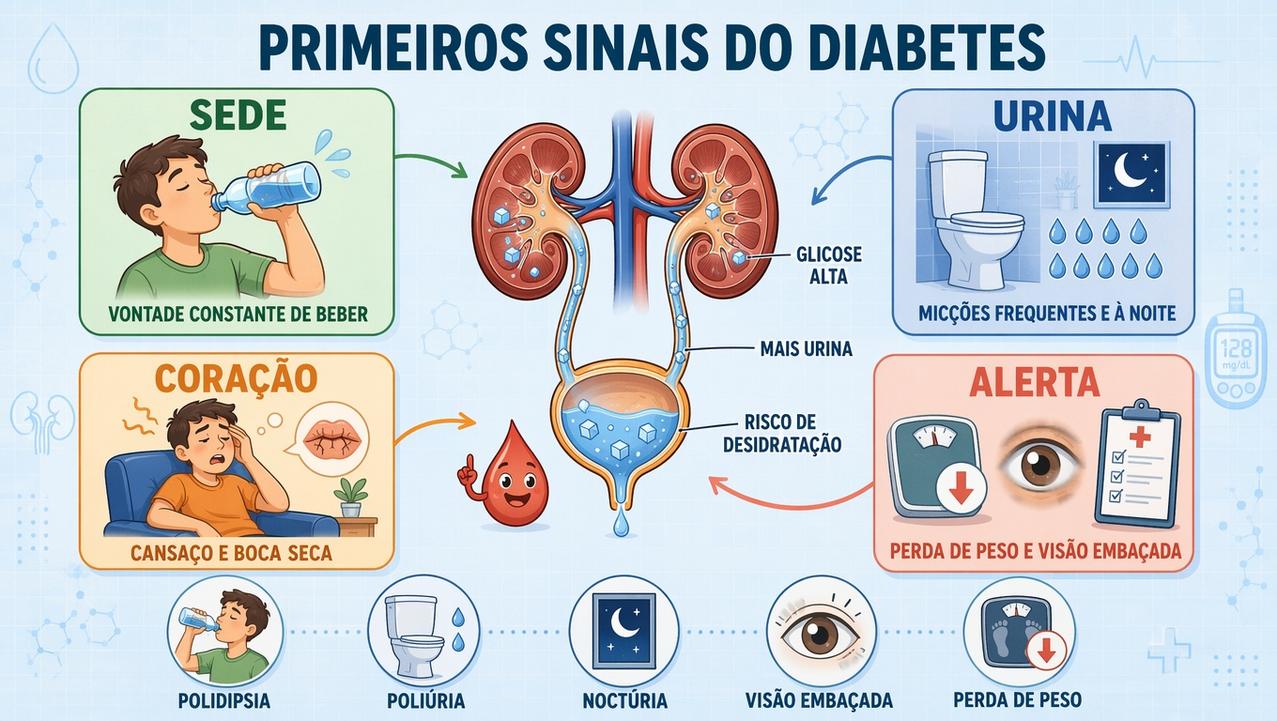 Infográfico resume sinais precoces do diabetes ligados à sede e urina.