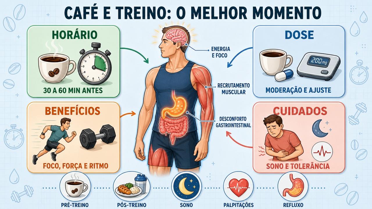 Infográfico resume horário, dose, benefícios e cuidados com café no treino.