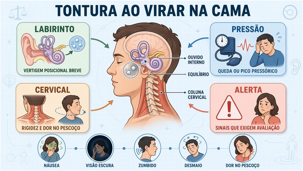 Infográfico resume causas, sinais de alerta e pistas da tontura posicional.