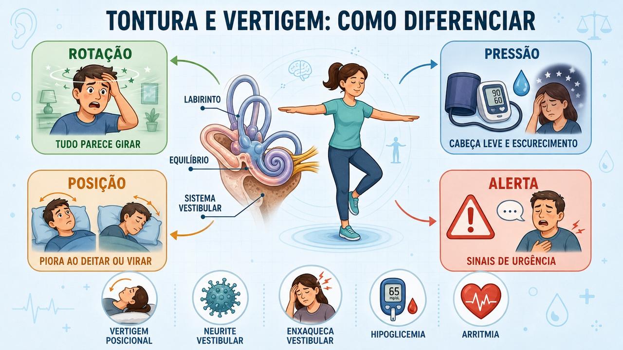Infográfico resume sinais, causas e alertas para diferenciar tontura de vertigem.